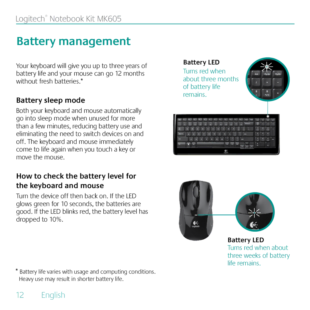 Logitech MK605 manual Battery management, Battery sleep mode 