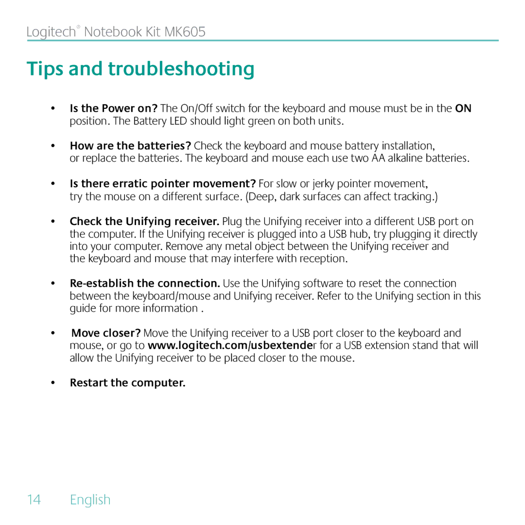 Logitech MK605 manual Tips and troubleshooting, Restart the computer 