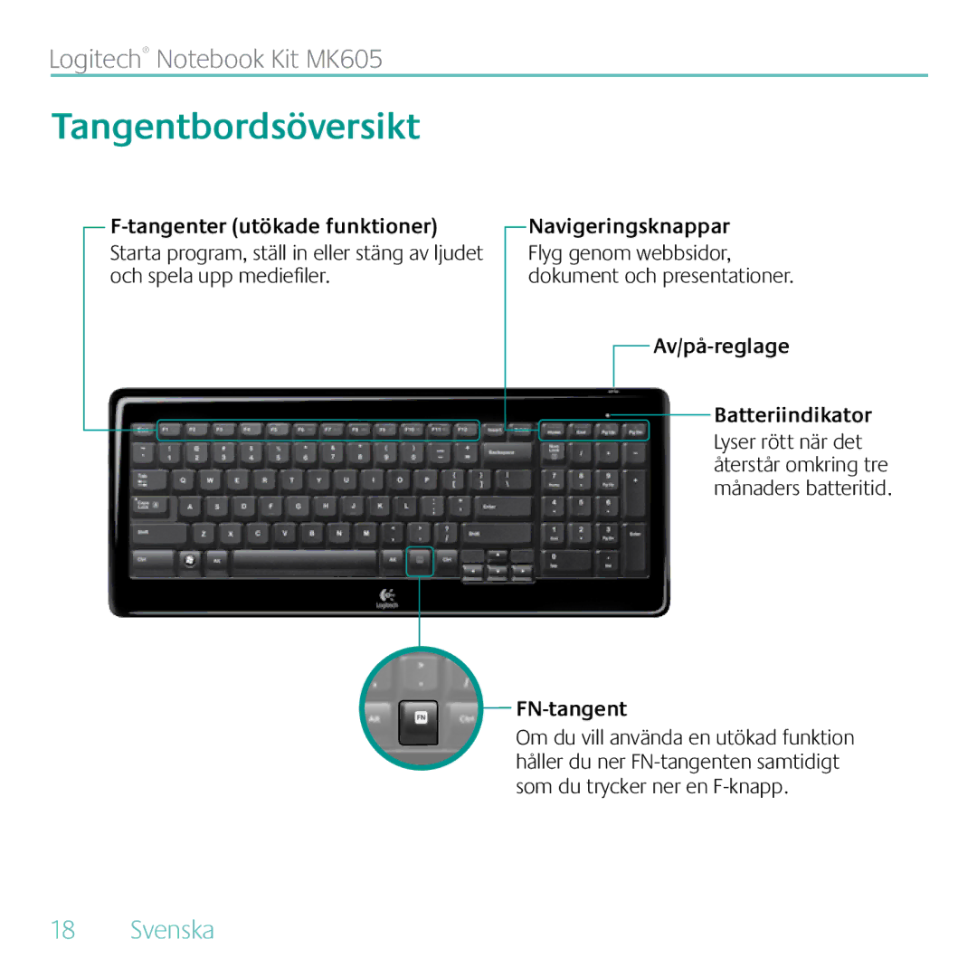 Logitech MK605 Tangentbordsöversikt, Tangenter utökade funktioner, Navigeringsknappar, Av/på-reglage Batteriindikator 