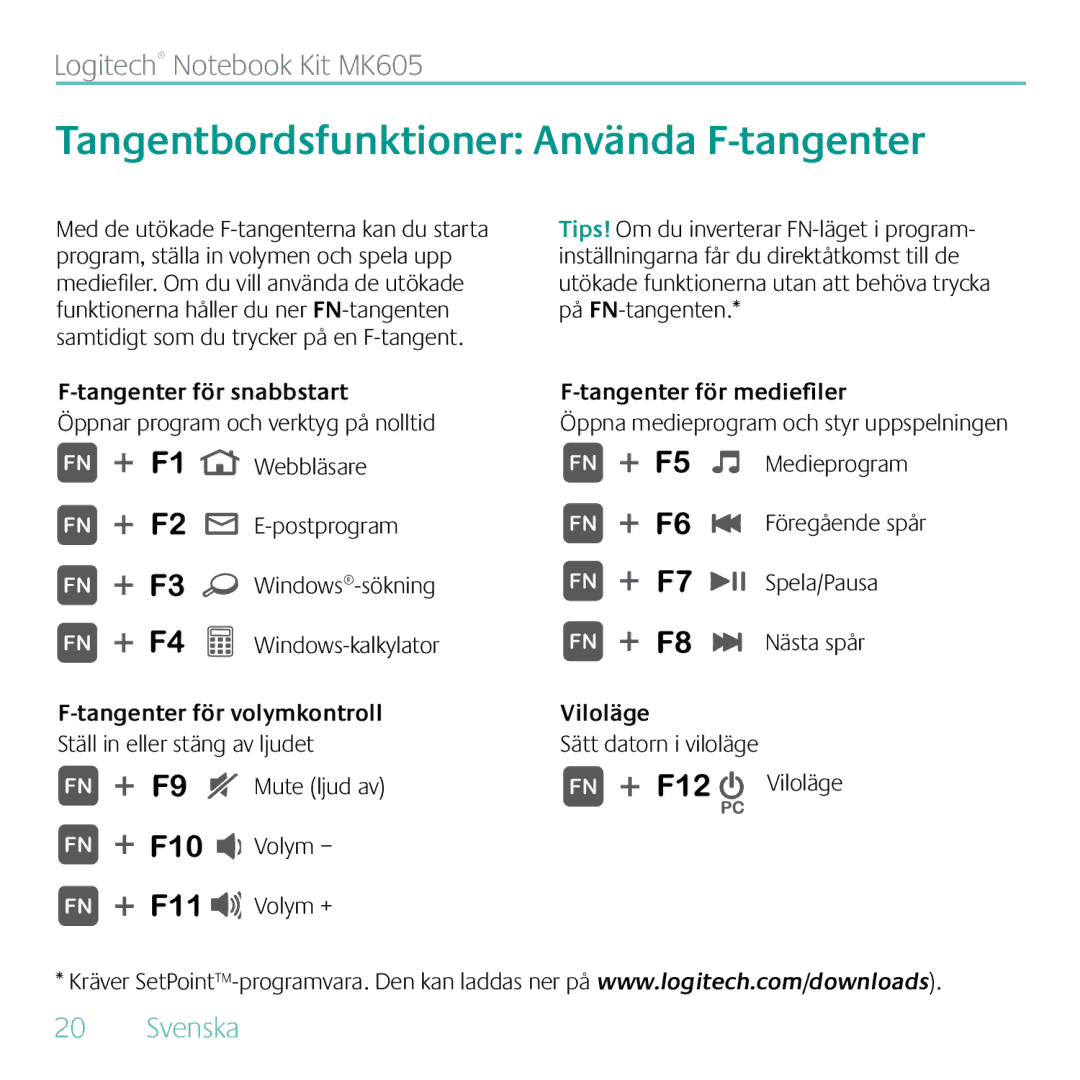 Logitech MK605 Tangentbordsfunktioner Använda F-tangenter, Tangenter för snabbstart, Tangenter för mediefiler, Viloläge 