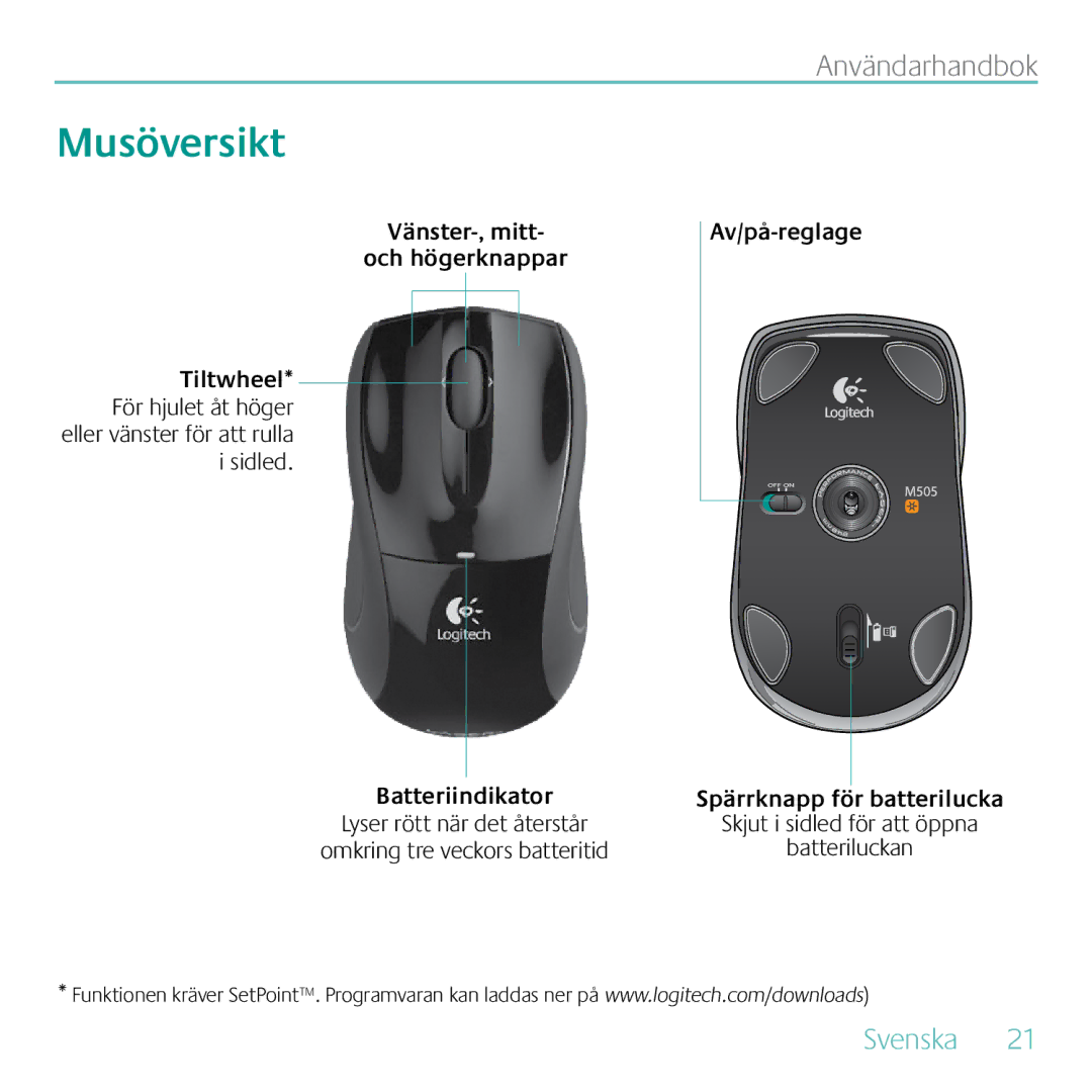 Logitech MK605 manual Musöversikt, Spärrknapp för batterilucka 