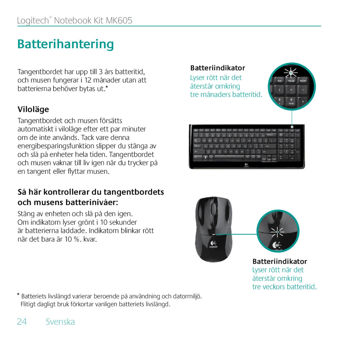 Logitech MK605 manual Batterihantering, Viloläge 