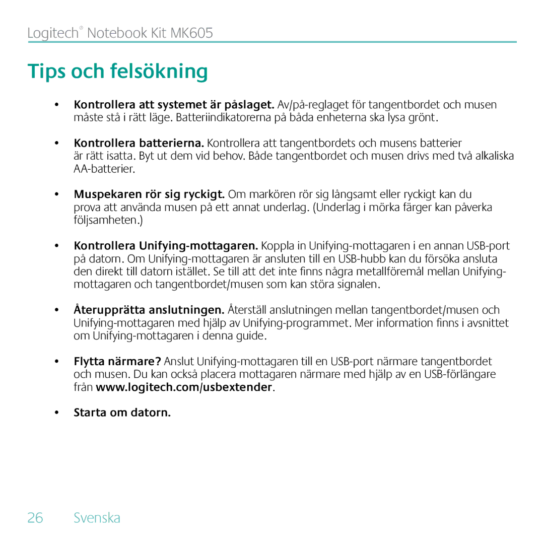 Logitech MK605 manual Tips och felsökning, Starta om datorn 