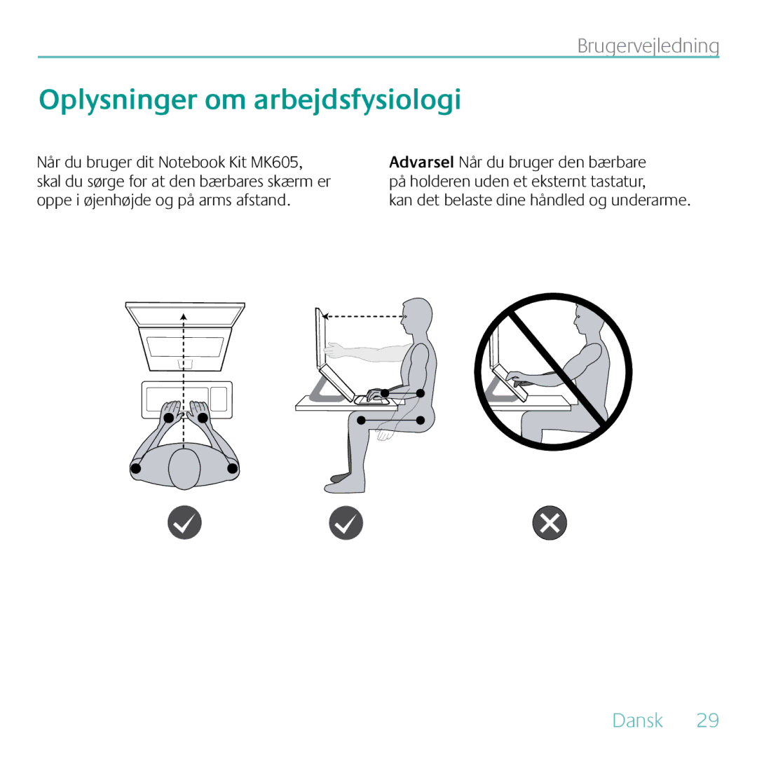 Logitech MK605 manual Oplysninger om arbejdsfysiologi 