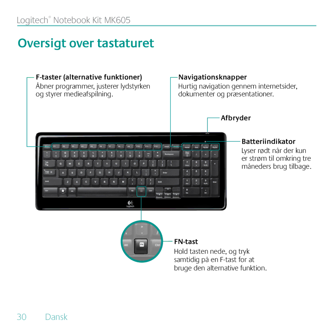 Logitech MK605 Oversigt over tastaturet, Taster alternative funktioner, Navigationsknapper, Afbryder Batteriindikator 