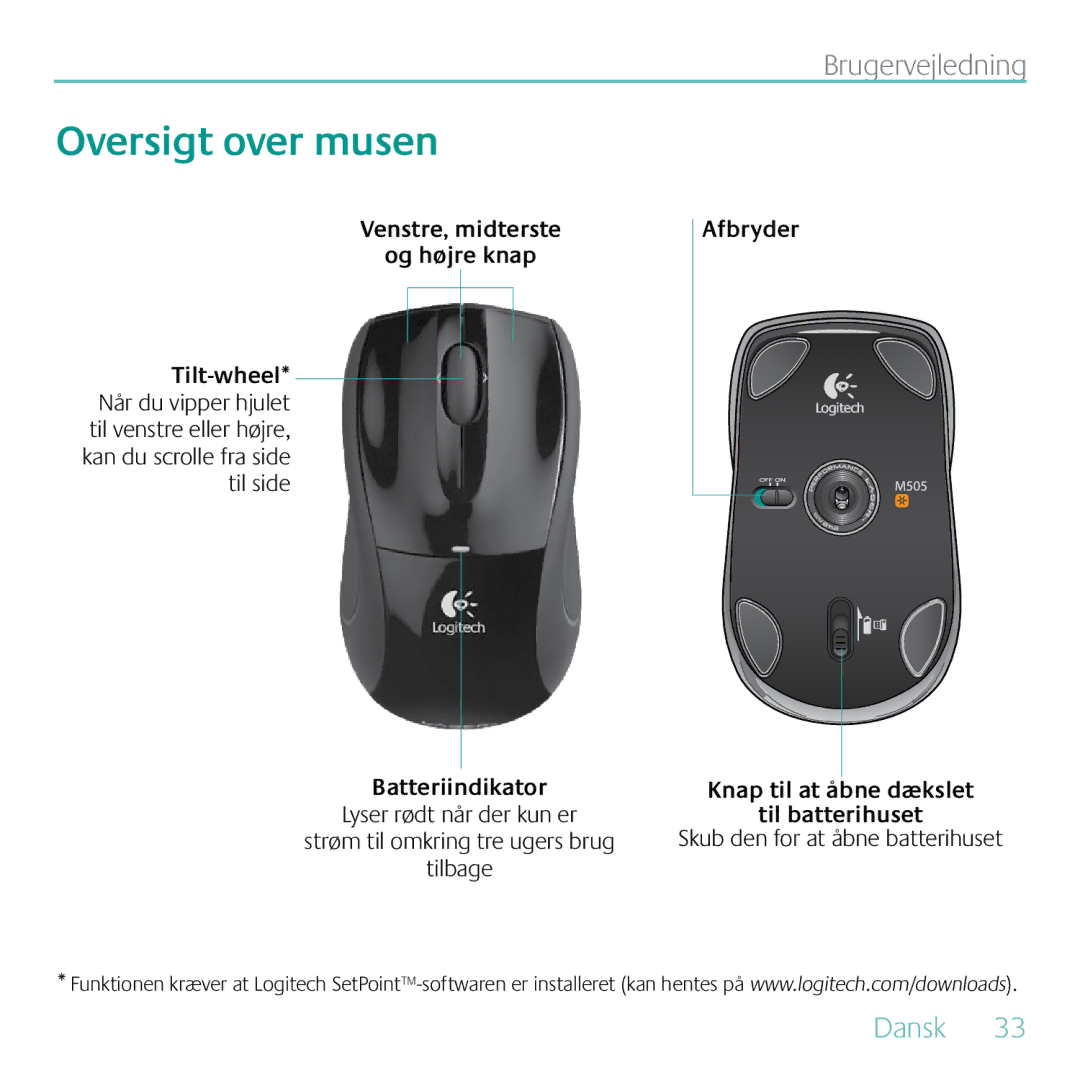 Logitech MK605 manual Oversigt over musen, Afbryder Knap til at åbne dækslet Til batterihuset 