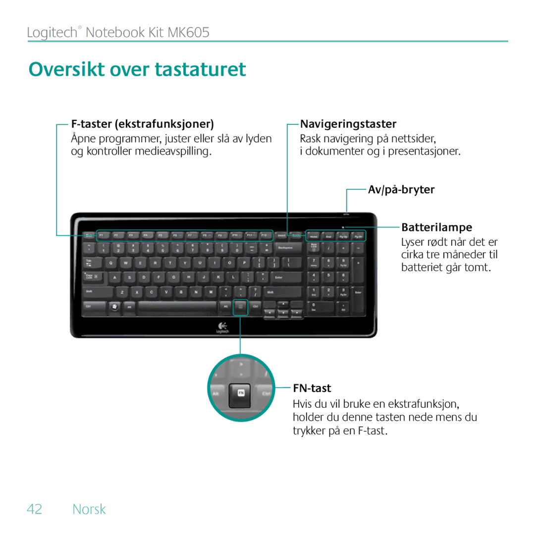 Logitech MK605 manual Oversikt over tastaturet, Taster ekstrafunksjoner, Navigeringstaster, Av/på-bryter Batterilampe 