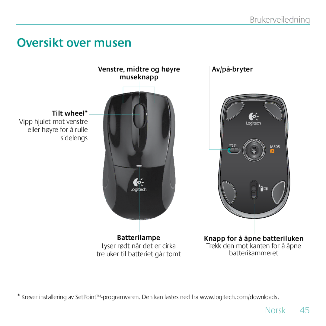 Logitech MK605 manual Oversikt over musen, Knapp for å åpne batteriluken 