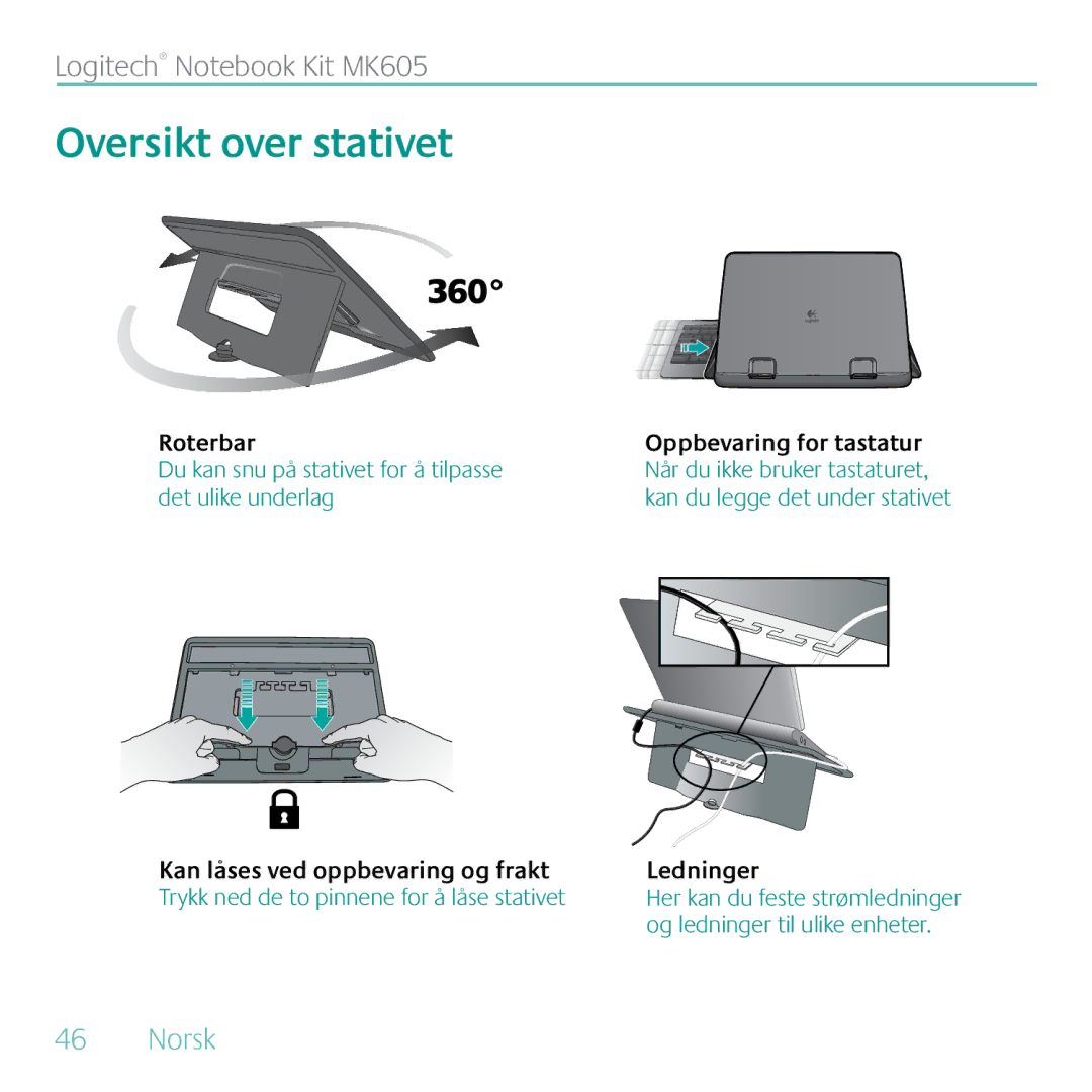 Logitech MK605 manual Oversikt over stativet, Roterbar, Kan låses ved oppbevaring og frakt Ledninger 