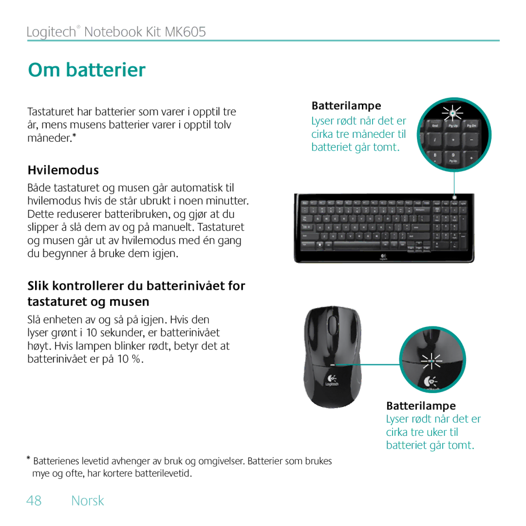 Logitech MK605 manual Om batterier, Hvilemodus 