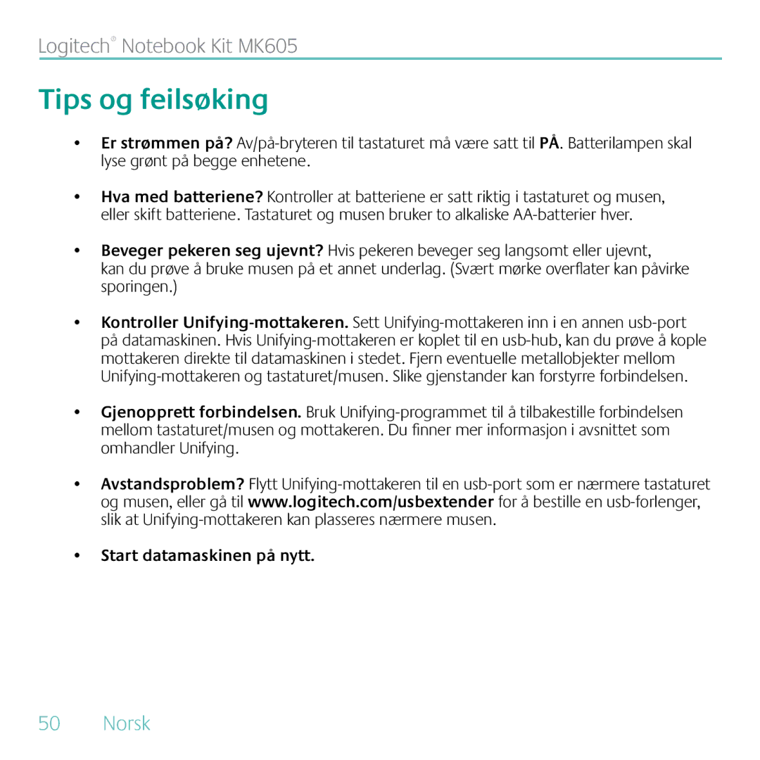 Logitech MK605 manual Tips og feilsøking, Start datamaskinen på nytt 