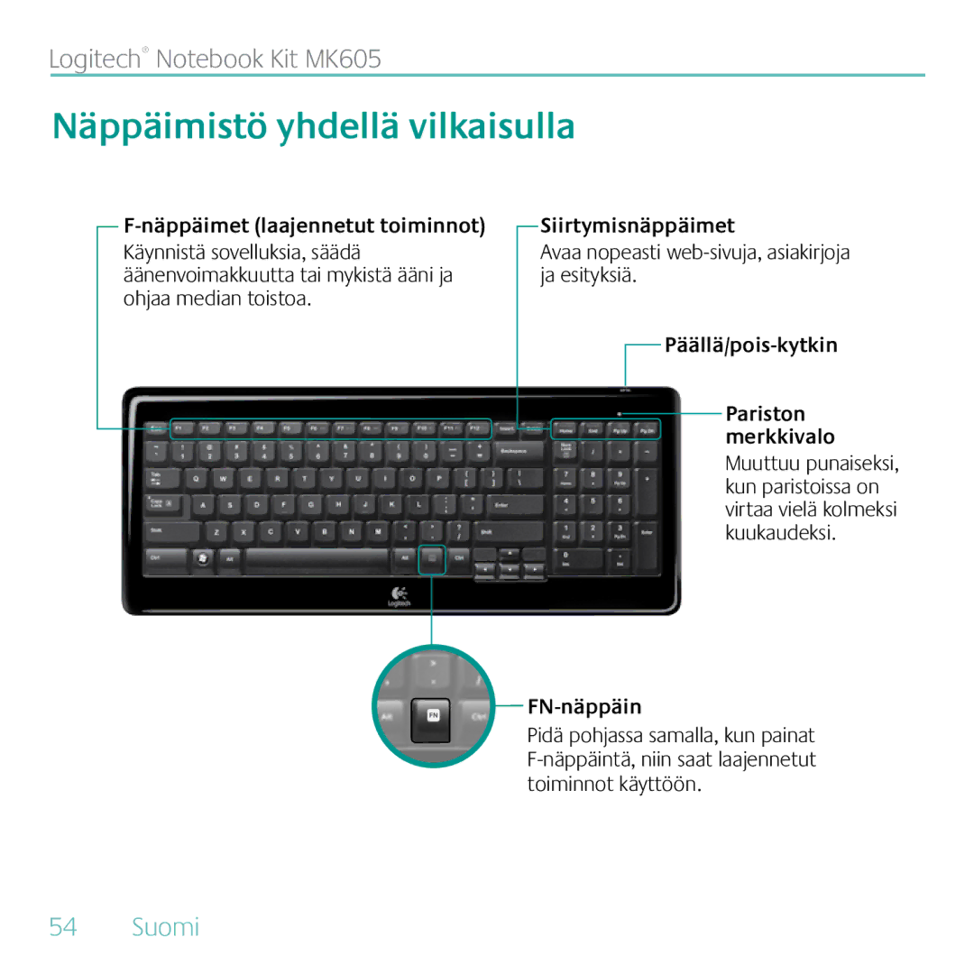 Logitech MK605 Näppäimistö yhdellä vilkaisulla, Näppäimet laajennetut toiminnot, Siirtymisnäppäimet, Päällä/pois-kytkin 