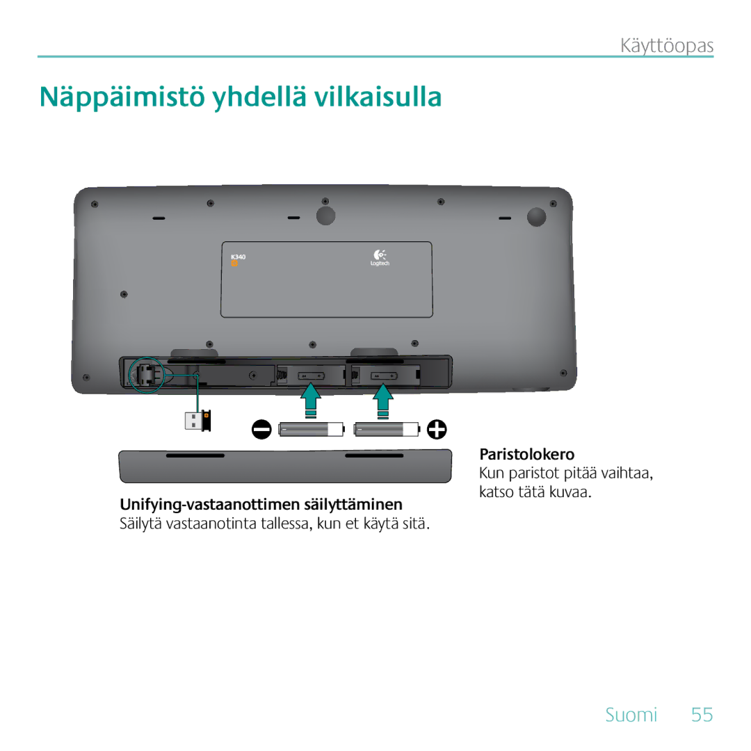 Logitech MK605 manual Unifying-vastaanottimen säilyttäminen Paristolokero 