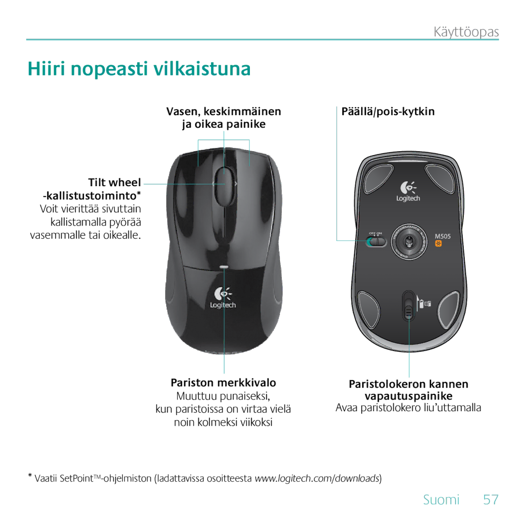 Logitech MK605 manual Hiiri nopeasti vilkaistuna, Vasen, keskimmäinen Ja oikea painike, Pariston merkkivalo 