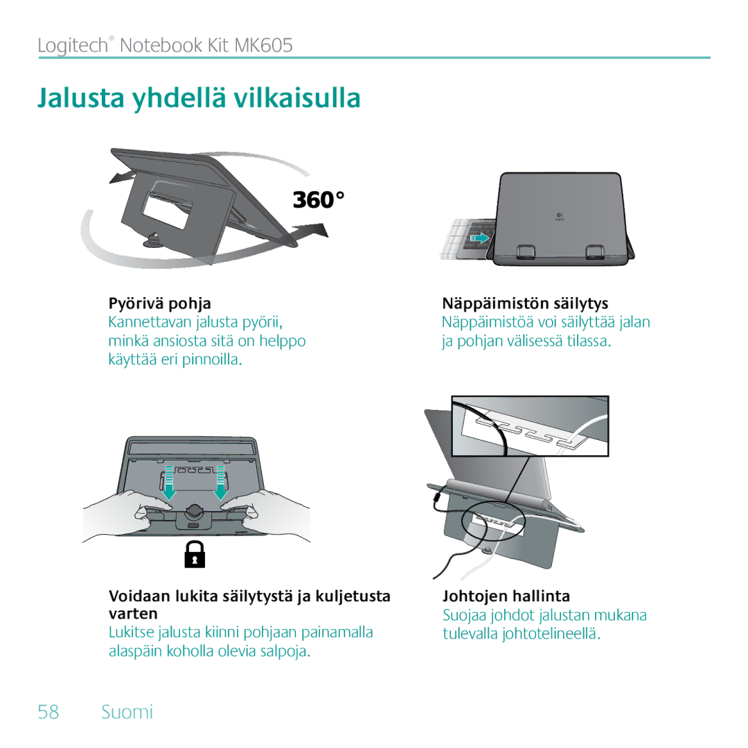 Logitech MK605 manual Jalusta yhdellä vilkaisulla, Johtojen hallinta 