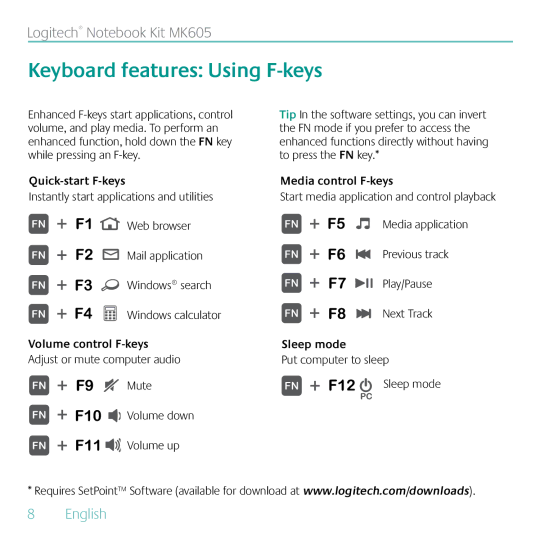 Logitech MK605 Keyboard features Using F-keys, Quick-start F-keys, Volume control F-keys, Media control F-keys, Sleep mode 