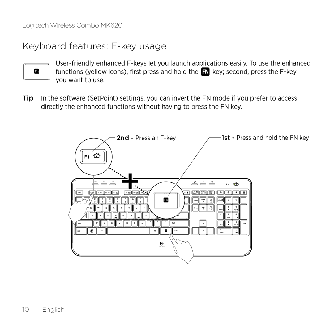 Logitech MK620 manual Keyboard features F-key usage 