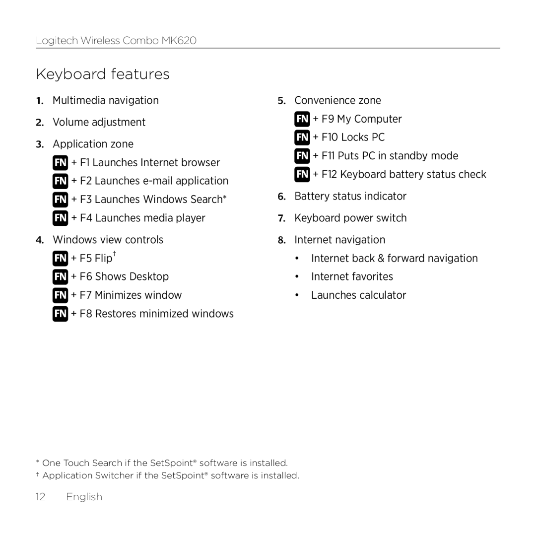 Logitech MK620 manual Keyboard features 