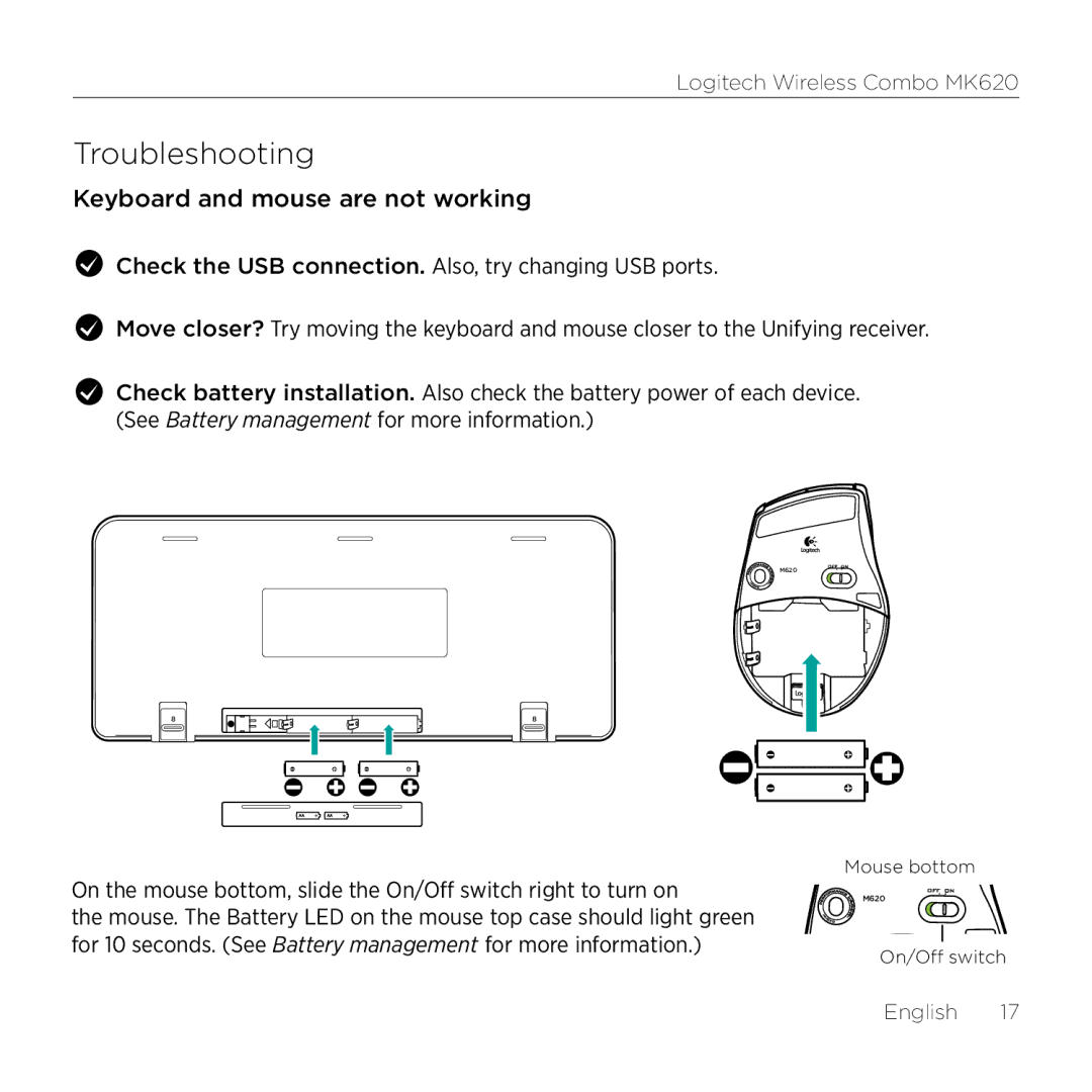 Logitech MK620 manual Troubleshooting, Keyboard and mouse are not working 