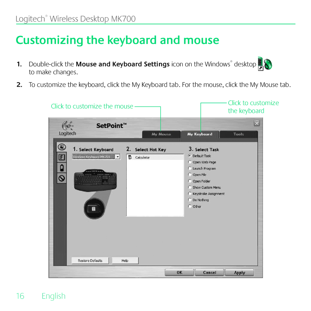 Logitech MK700 manual Customizing the keyboard and mouse 