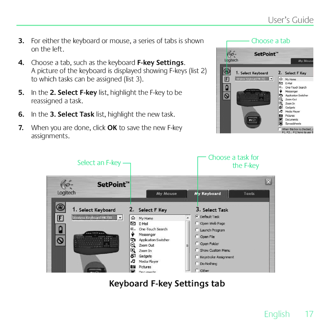 Logitech MK700 manual Keyboard F-key Settings tab 