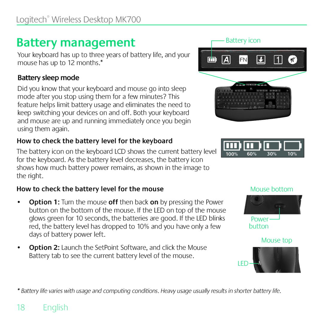 Logitech MK700 manual Battery management, Battery sleep mode, How to check the battery level for the keyboard 