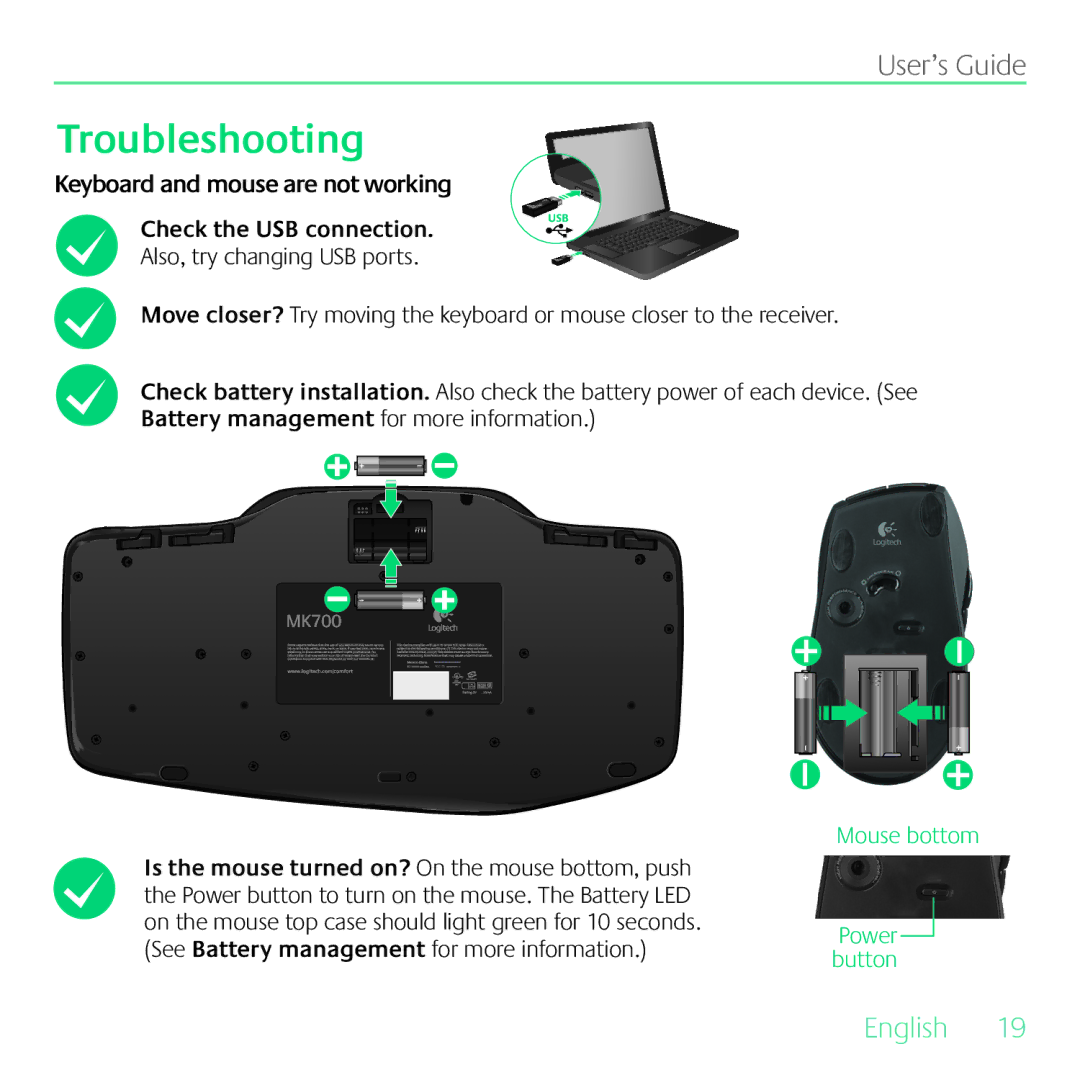 Logitech MK700 manual Troubleshooting, Keyboard and mouse are not working 