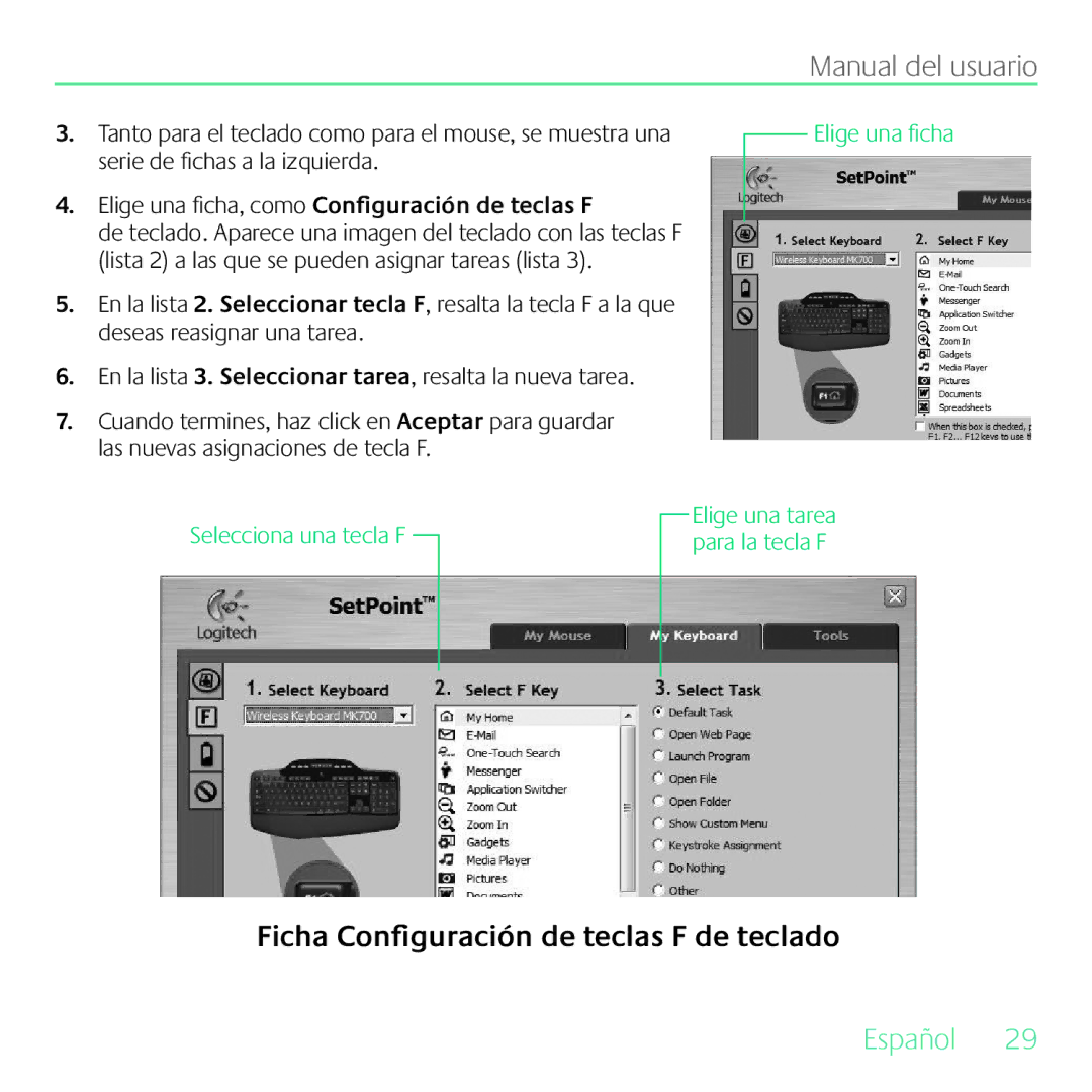 Logitech MK700 manual Elige una ficha, como Configuración de teclas F 