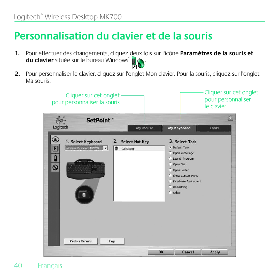 Logitech MK700 manual Personnalisation du clavier et de la souris 