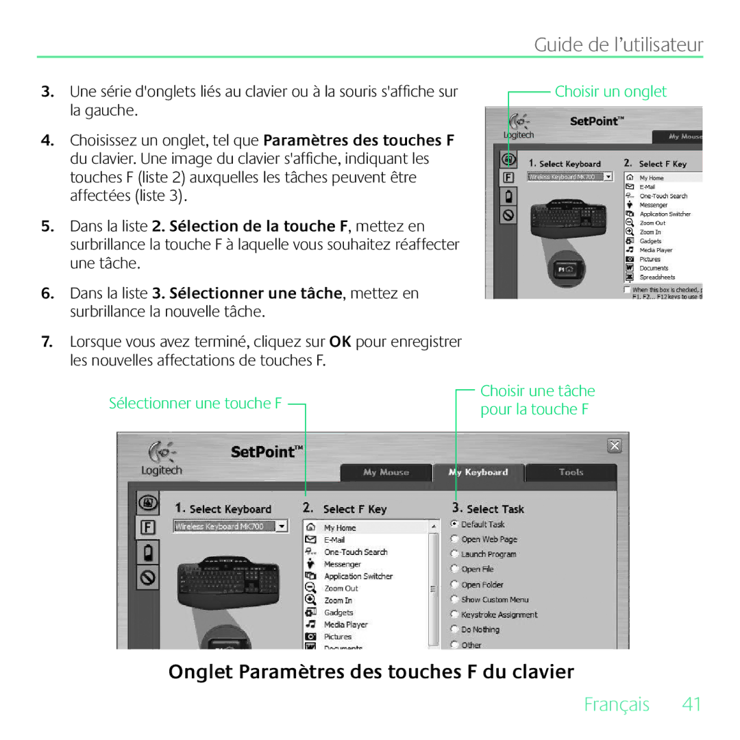 Logitech MK700 manual Onglet Paramètres des touches F du clavier 