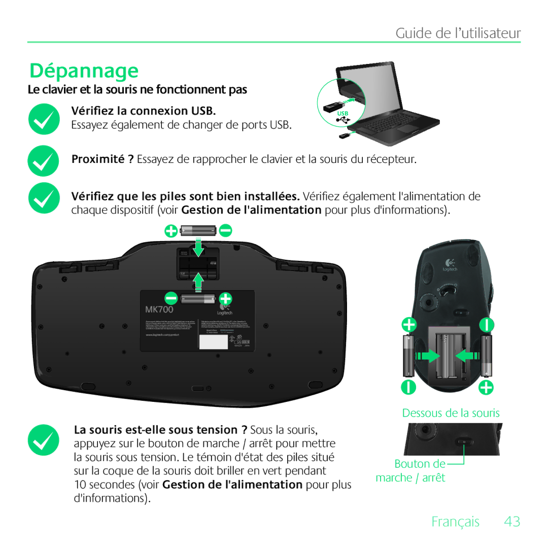 Logitech MK700 manual Dépannage, Le clavier et la souris ne fonctionnent pas 