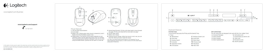 Logitech MK725-C setup guide Mouse features, Keyboard features 