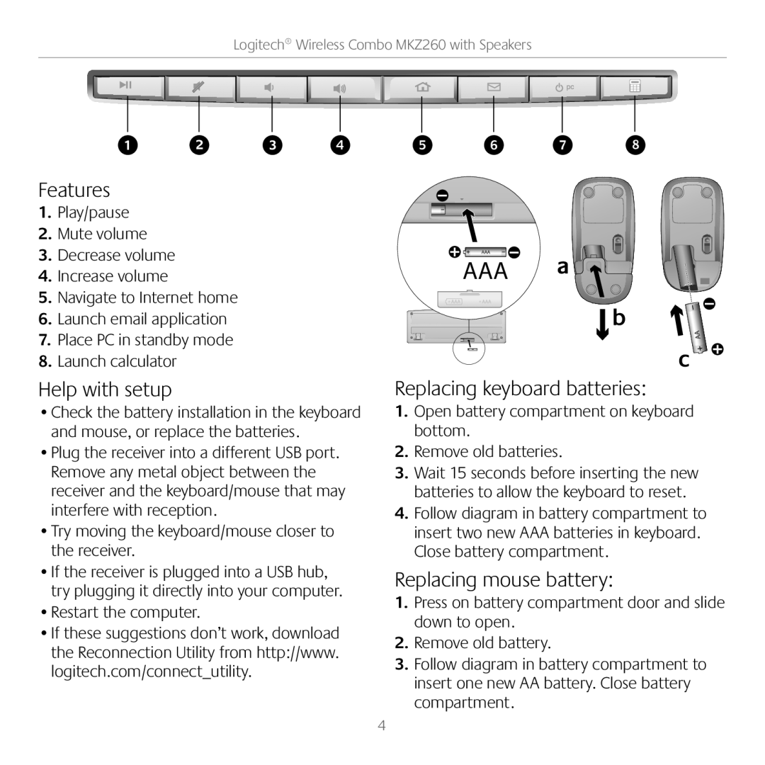 Logitech MKZ260 manual Aaa 