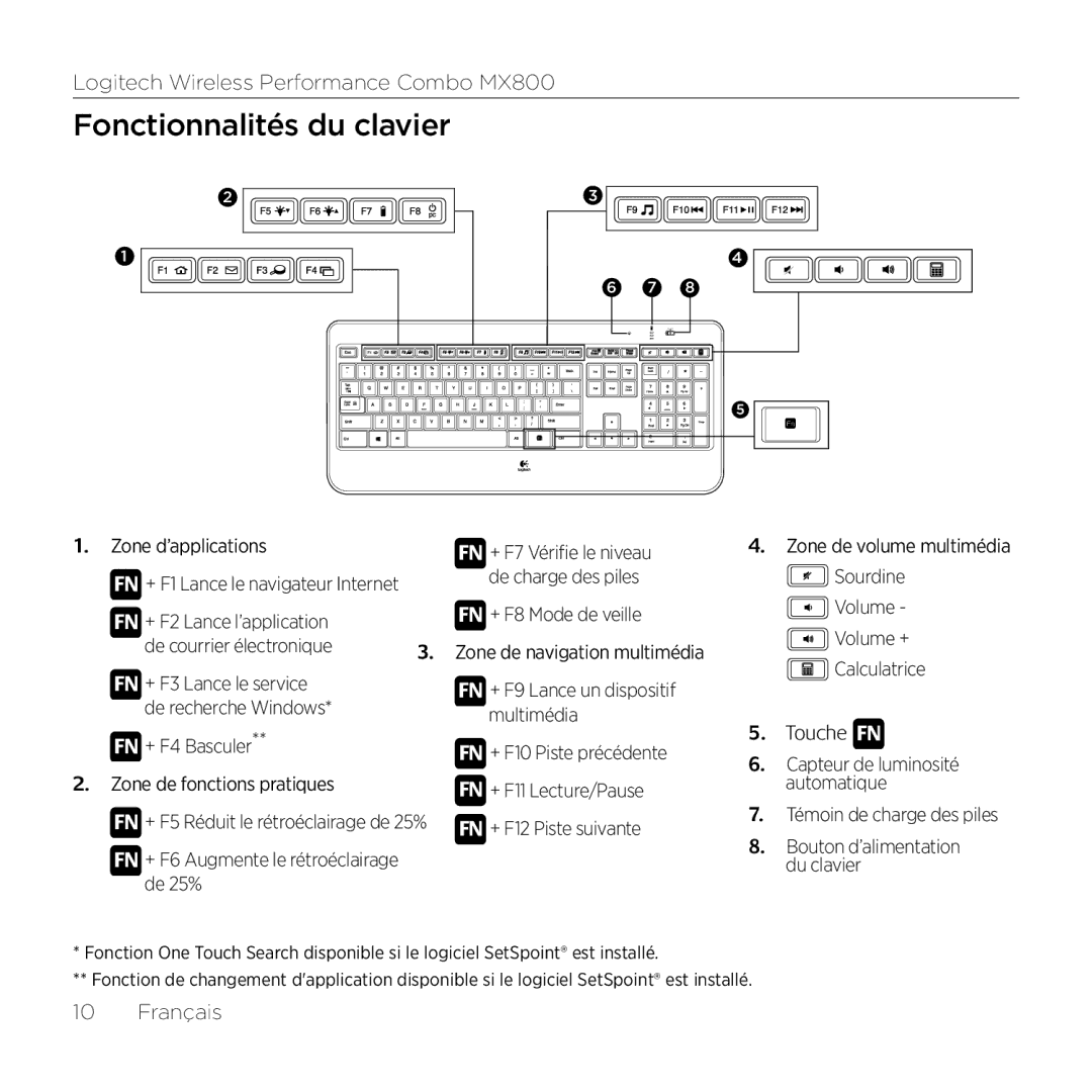 Logitech MX800 setup guide Fonctionnalités du clavier, De 25% 