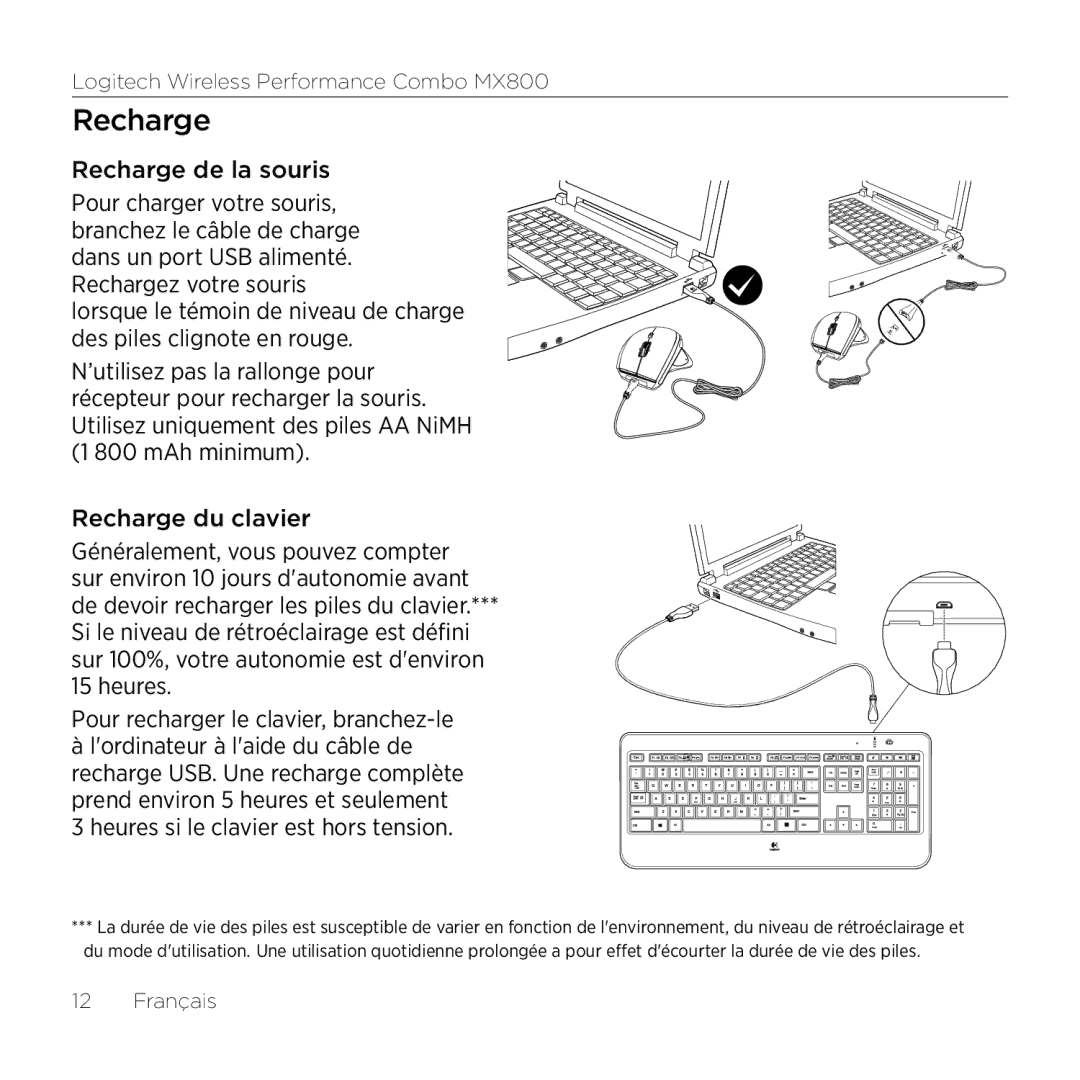 Logitech MX800 setup guide Recharge de la souris, Heures si le clavier est hors tension 