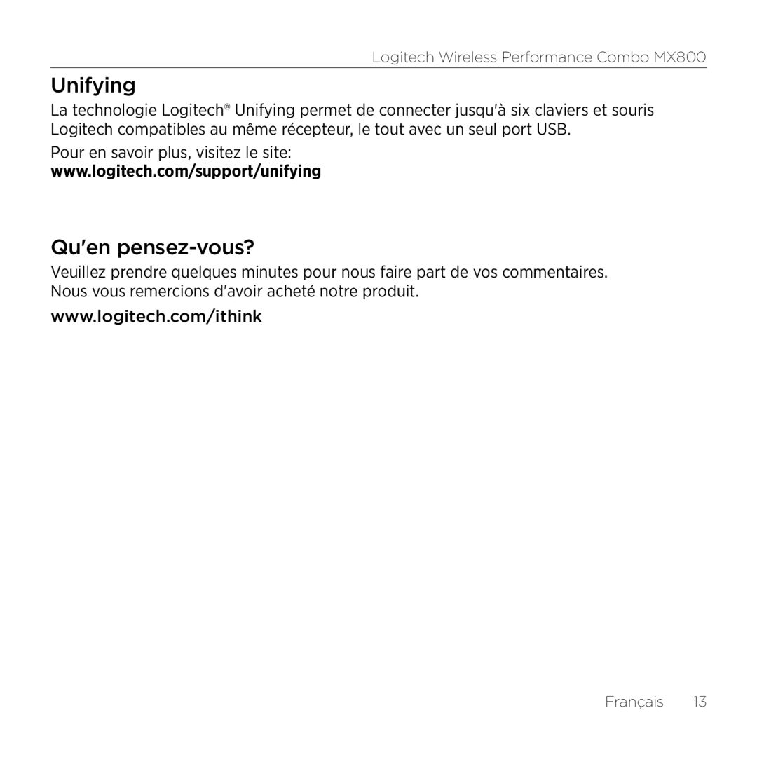 Logitech MX800 setup guide Unifying, Quen pensez-vous? 