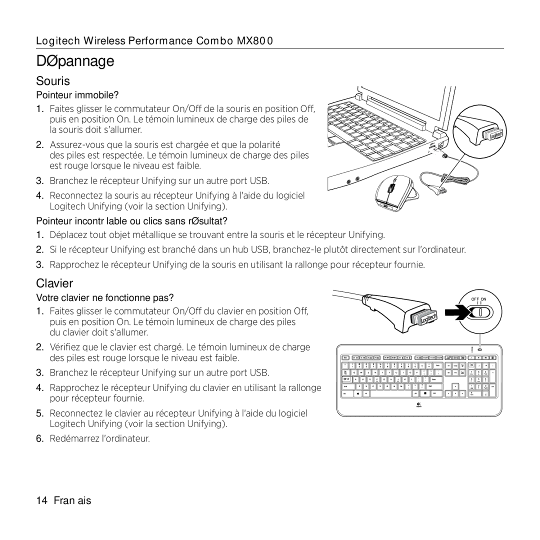 Logitech MX800 setup guide Dépannage, Souris, Clavier 