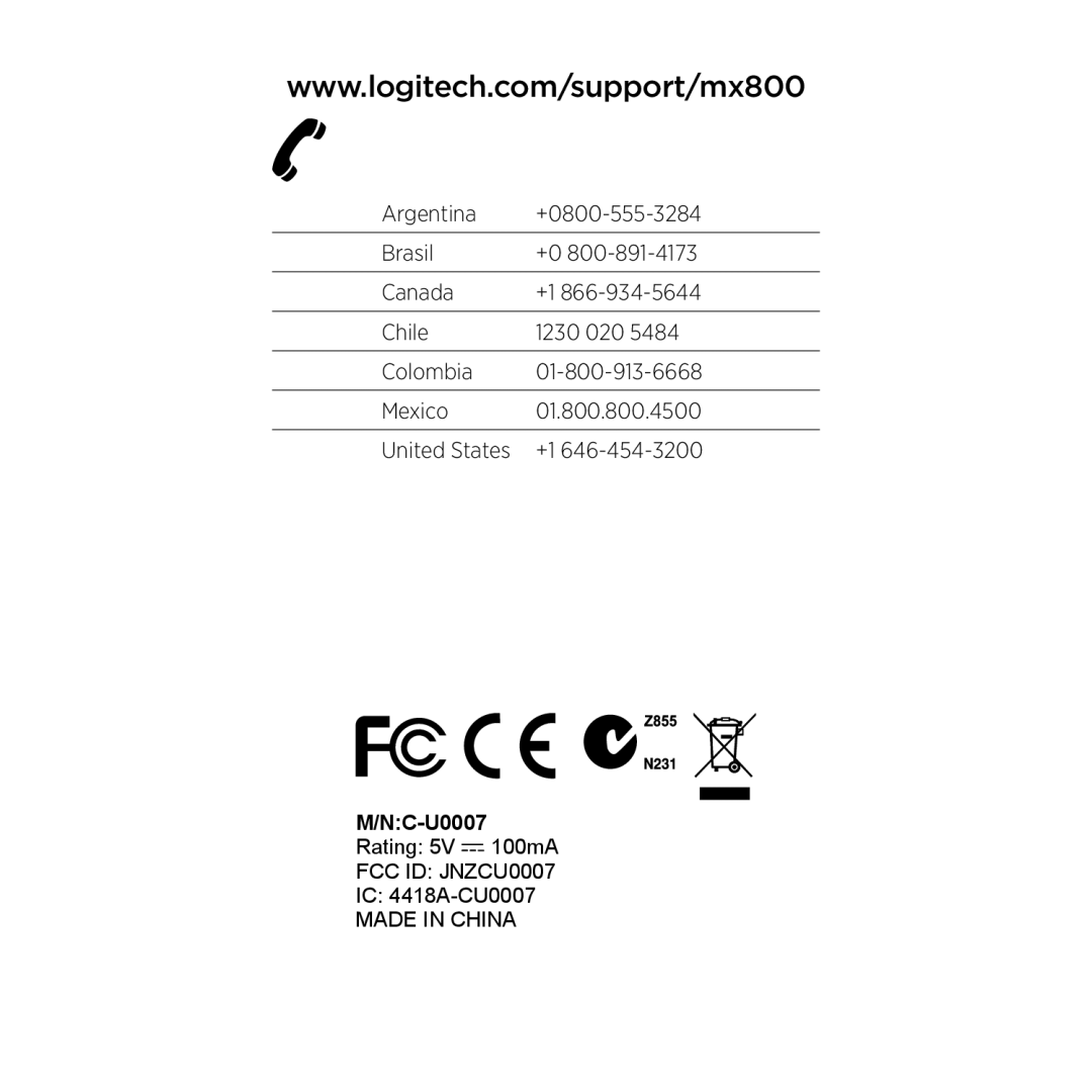 Logitech MX800 setup guide NC-U0007 Rating 5V 100mA FCC ID JNZCU0007 IC 4418A-CU0007 