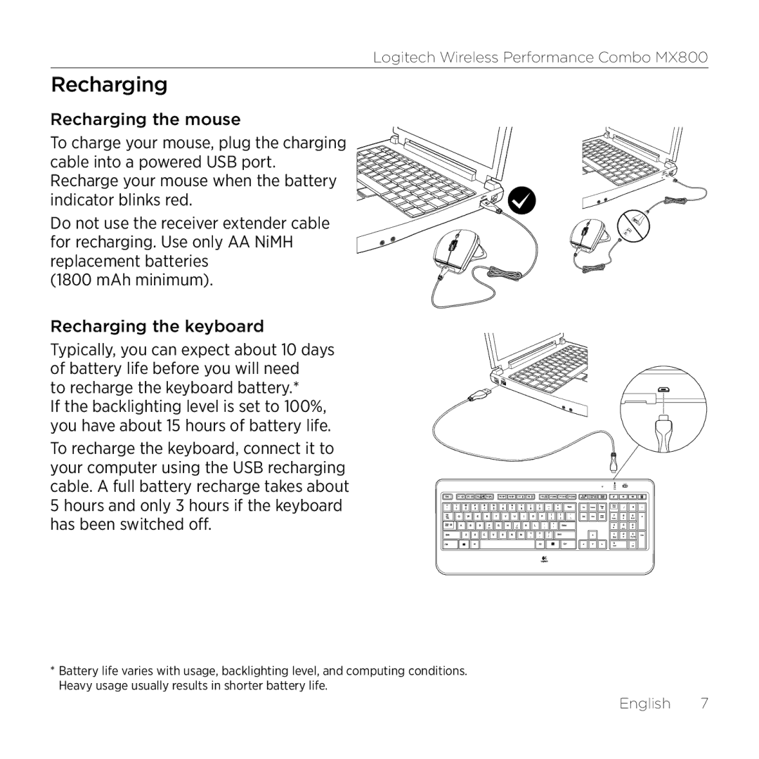 Logitech MX800 setup guide Recharging, To recharge the keyboard battery 