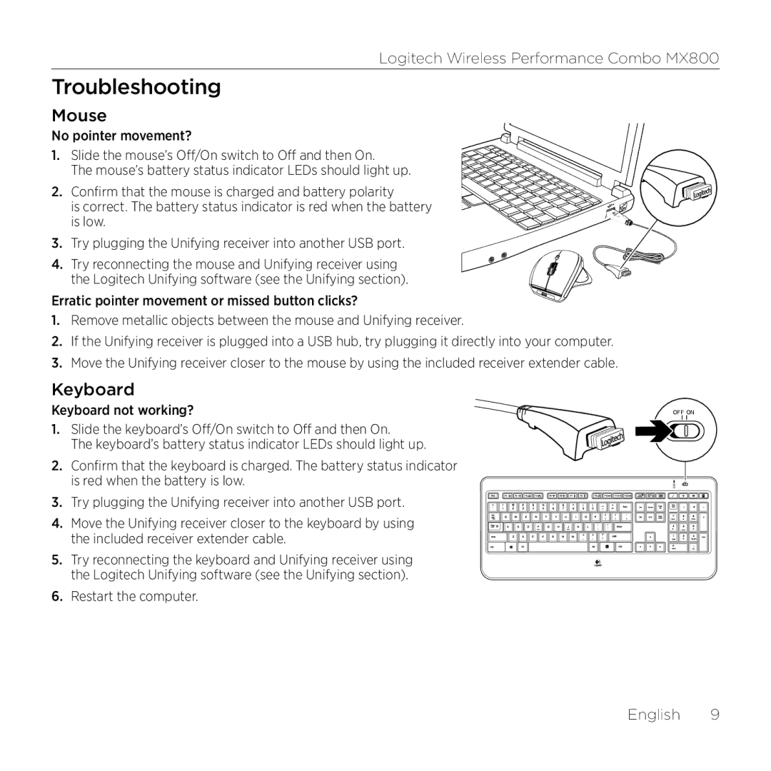 Logitech MX800 setup guide Troubleshooting, Mouse, Keyboard 