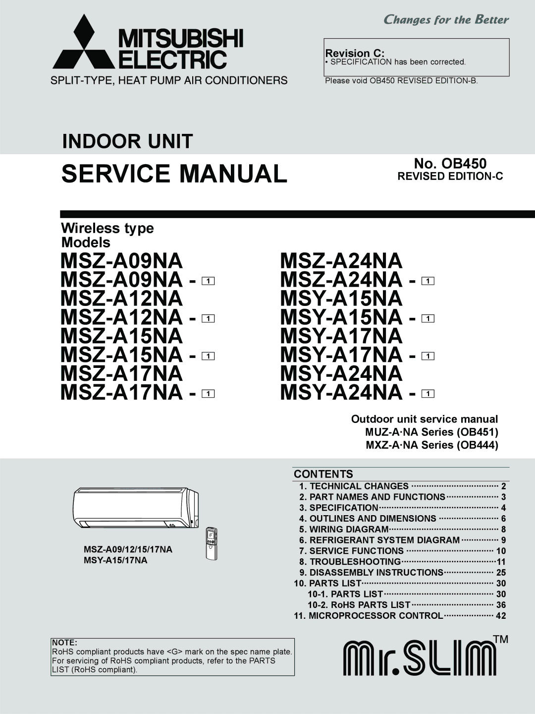 Logitech MSZ-A09NA, OB450 REVISED EDITION-B service manual Revised EDITION-C, Contents 