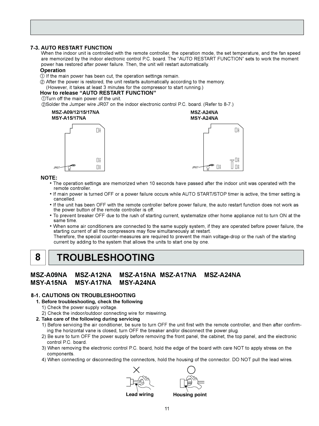 Logitech MSZ-A09NA, OB450 REVISED EDITION-B Troubleshooting, Operation, How to release Auto Restart Function 