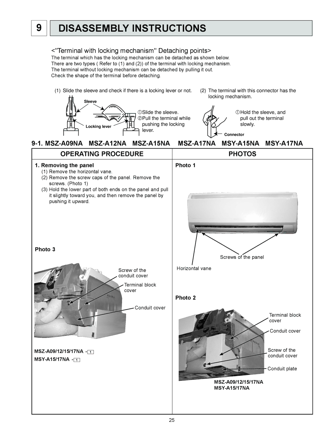 Logitech MSZ-A09NA, OB450 REVISED EDITION-B service manual Disassembly Instructions, Removing the panel Photo 