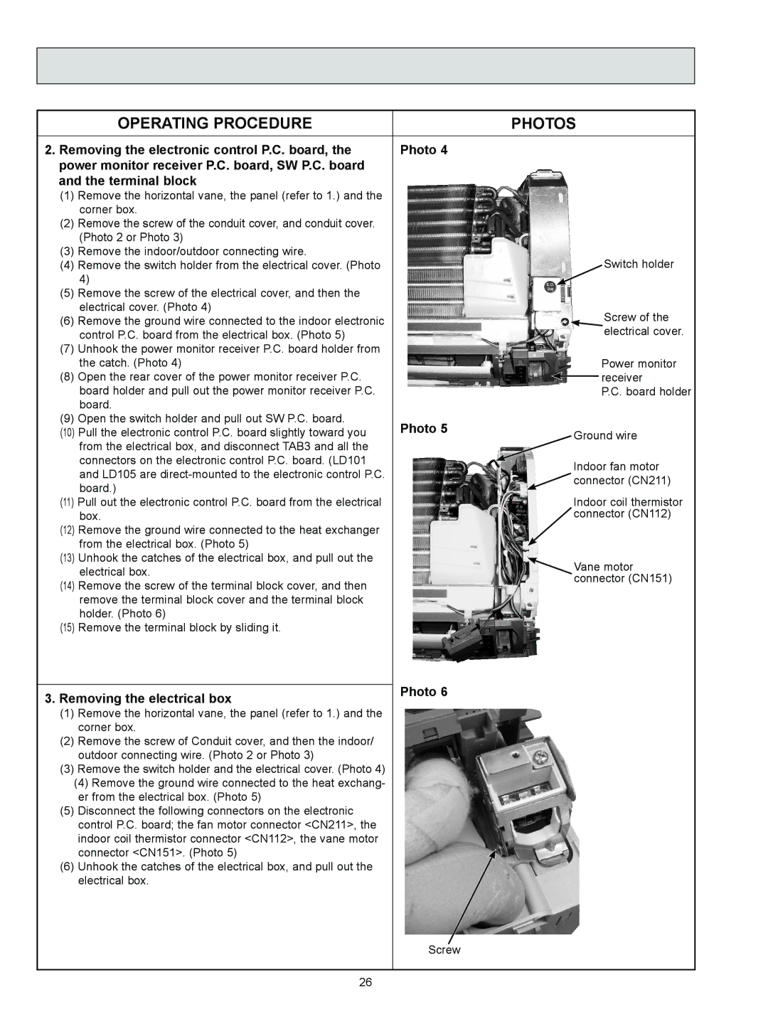 Logitech OB450 REVISED EDITION-B, MSZ-A09NA service manual Operating Procedure Photos, Removing the electrical box Photo 