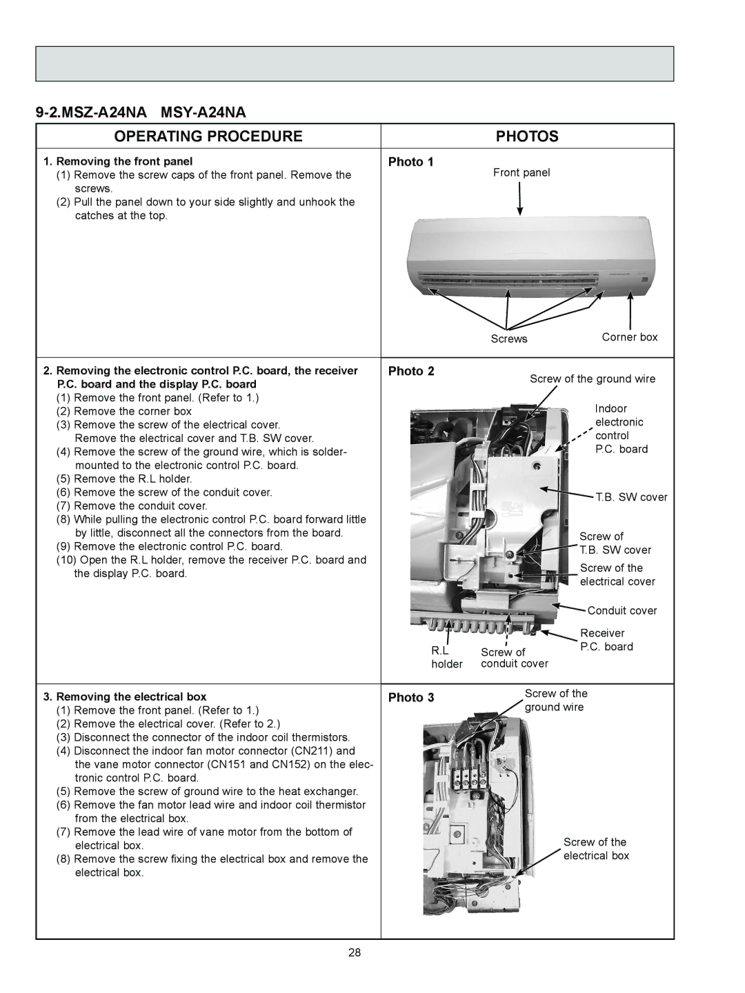 Logitech OB450 REVISED EDITION-B, MSZ-A09NA MSZ-A24NA MSY-A24NA Operating Procedure Photos, Removing the front panel 