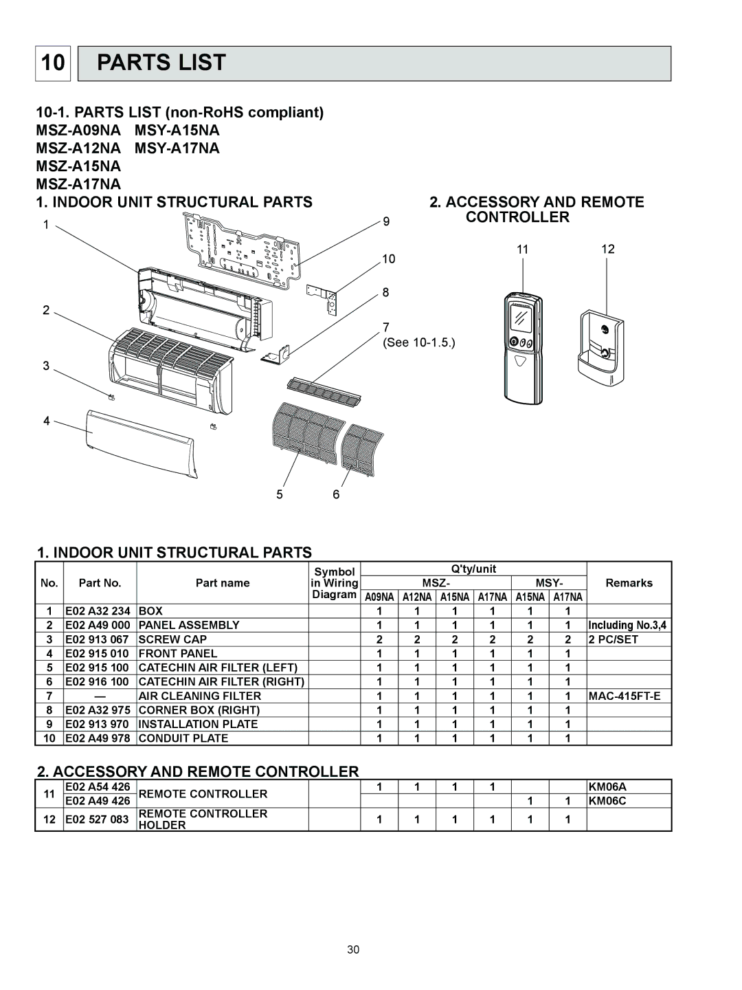 Logitech OB450 REVISED EDITION-B, MSZ-A09NA service manual Parts List, Accessory and Remote Controller 