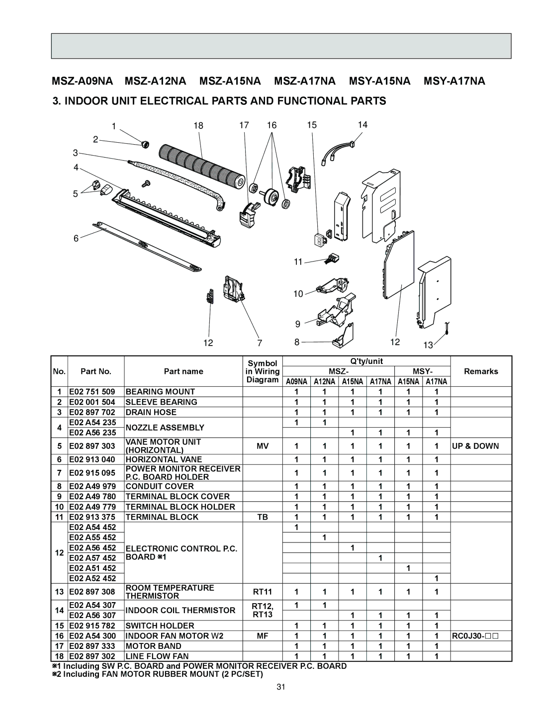 Logitech MSZ-A09NA Msz, Bearing Mount, Sleeve Bearing, Drain Hose, Nozzle Assembly, Vane Motor Unit UP & Down Horizontal 