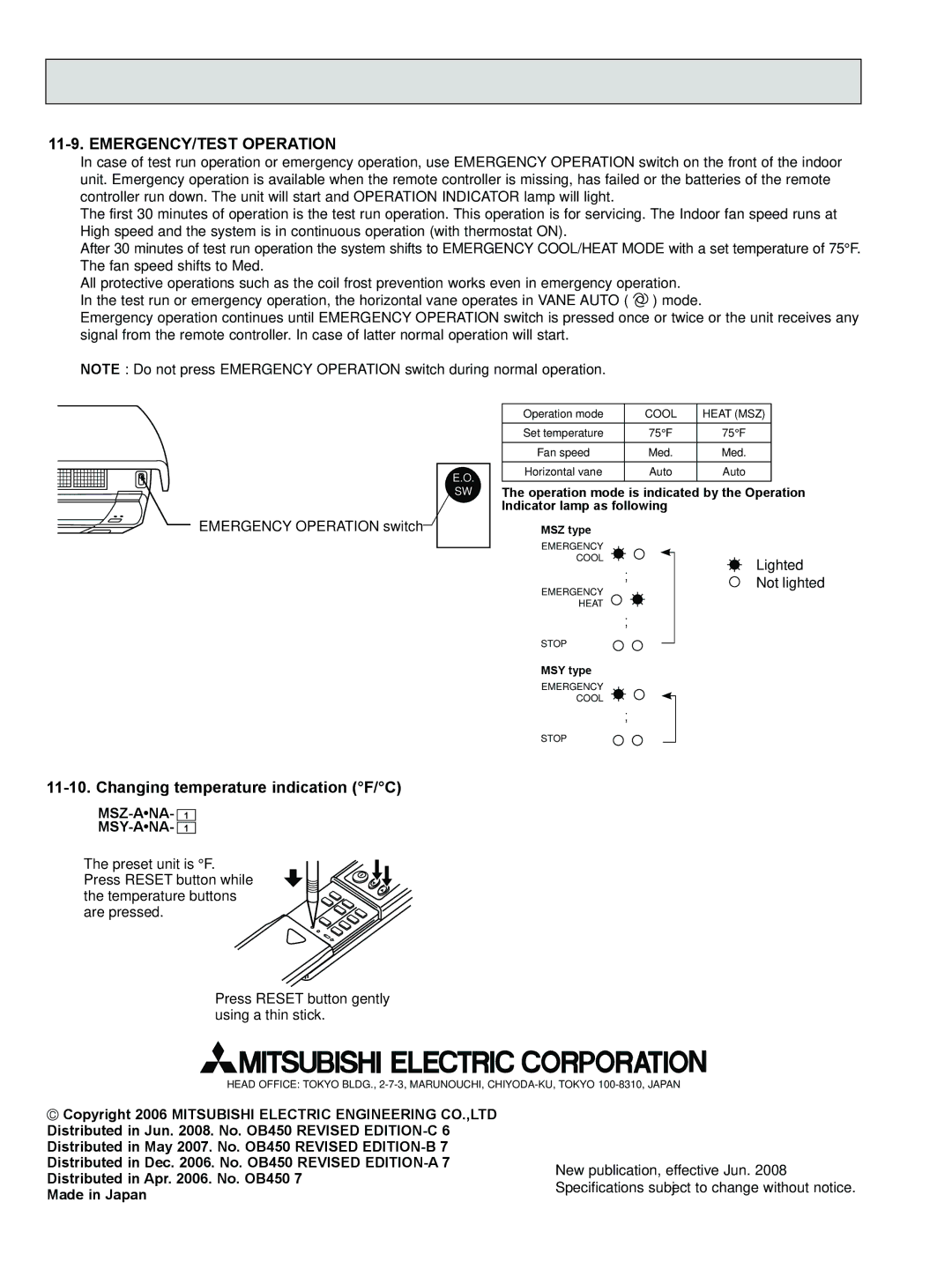 Logitech OB450 REVISED EDITION-B EMERGENCY/TEST Operation, Changing temperature indication F/C, Msz-Ana- Msy-Ana 