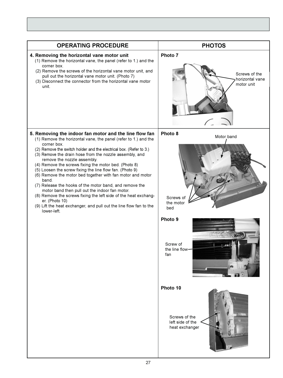 Logitech MSZ-A09NA, OB450 REVISED EDITION-B Removing the horizontal vane motor unit, Operating Procedure, Photos 