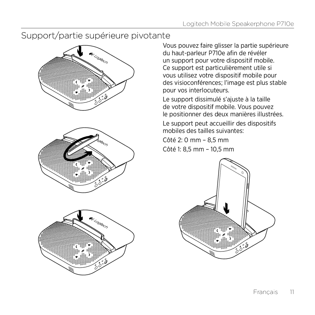 Logitech P710e setup guide Support/partie supérieure pivotante 